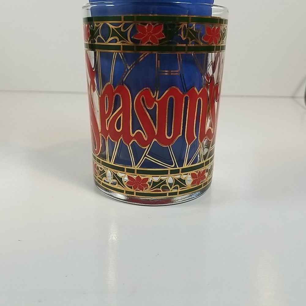 Houze 'Seasons Greetings' Glass Drink Tumbler Red & Green Gold Rim Vintage